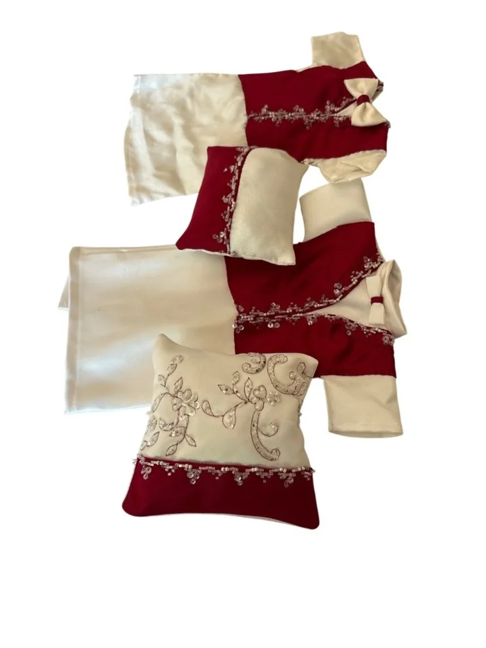 Elegant Red & Ivory Doll Wedding Dress Set With Beaded Details & Accessories